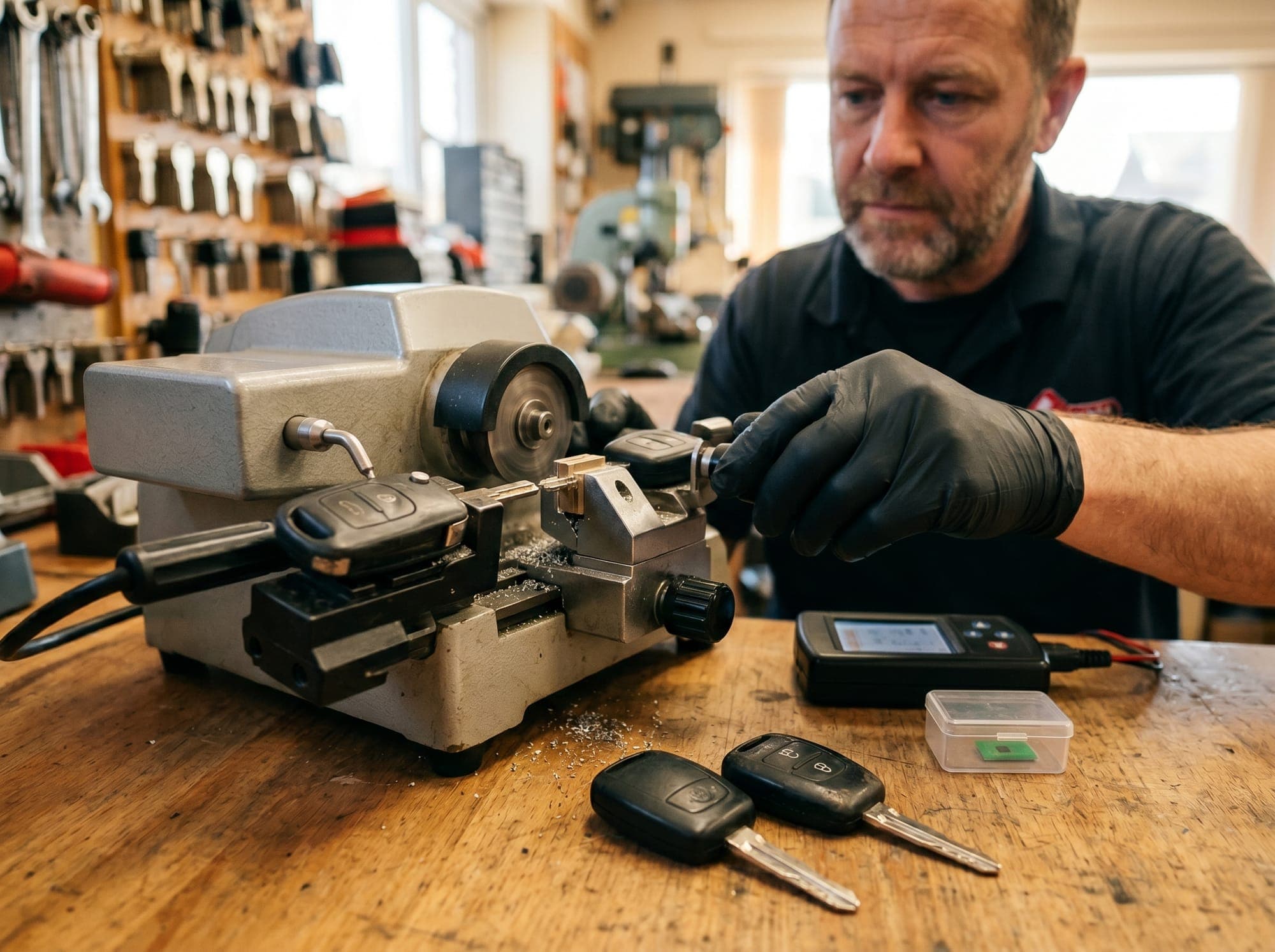 Automotive locksmith duplicating a car key on a key-cutting machine, with a transponder chip ready for programming, car key copy service in the GTA
