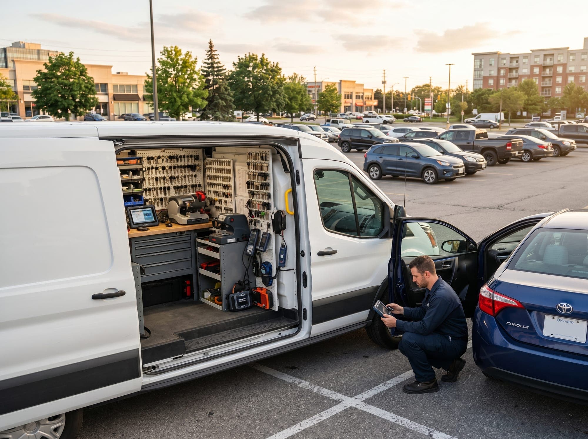 Mobile automotive locksmith van with key-cutting and programming equipment, technician servicing a car key in a Greater Toronto Area parking lot