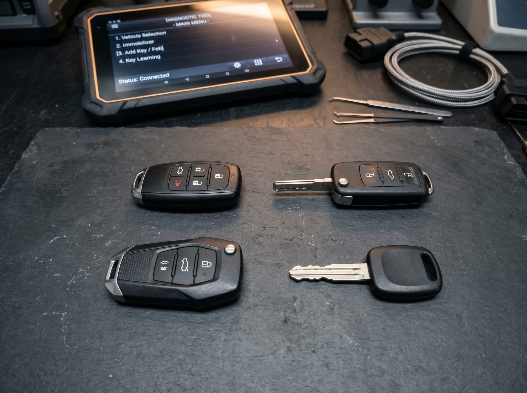 A range of car keys and remote fobs, smart fob, flip key and transponder key, beside a locksmith diagnostic tablet on the Add Key / Fob screen, covering many car brands in the GTA