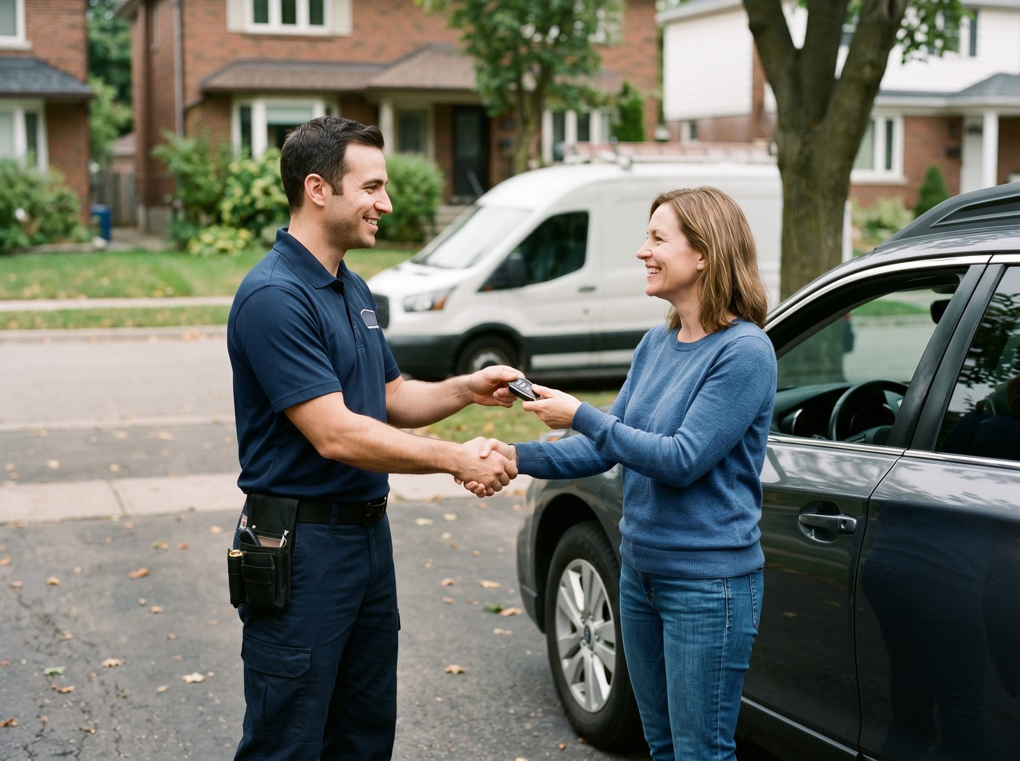 Trusted mobile locksmith handing a freshly programmed car key to a customer beside her car in a Toronto neighbourhood, service van in the background